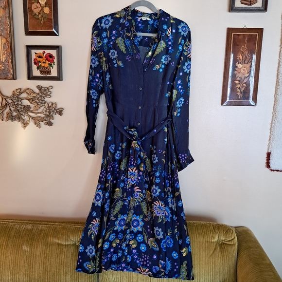 Boden Kate Satin Shirt Dress Navy Floral - Picture 3 of 11